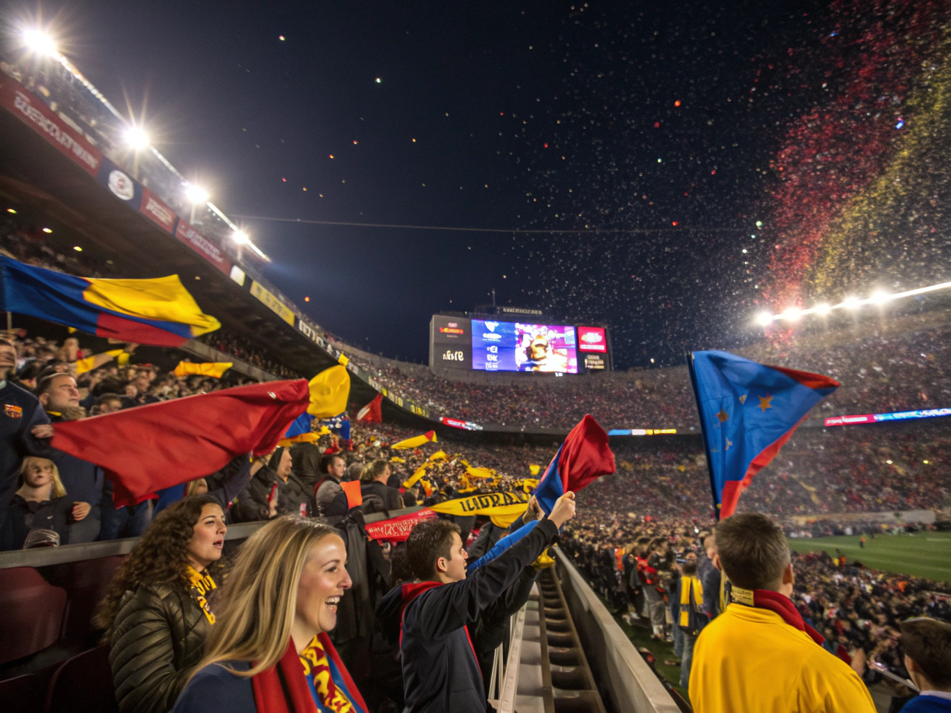 Fans celebrating in the stands with red flares