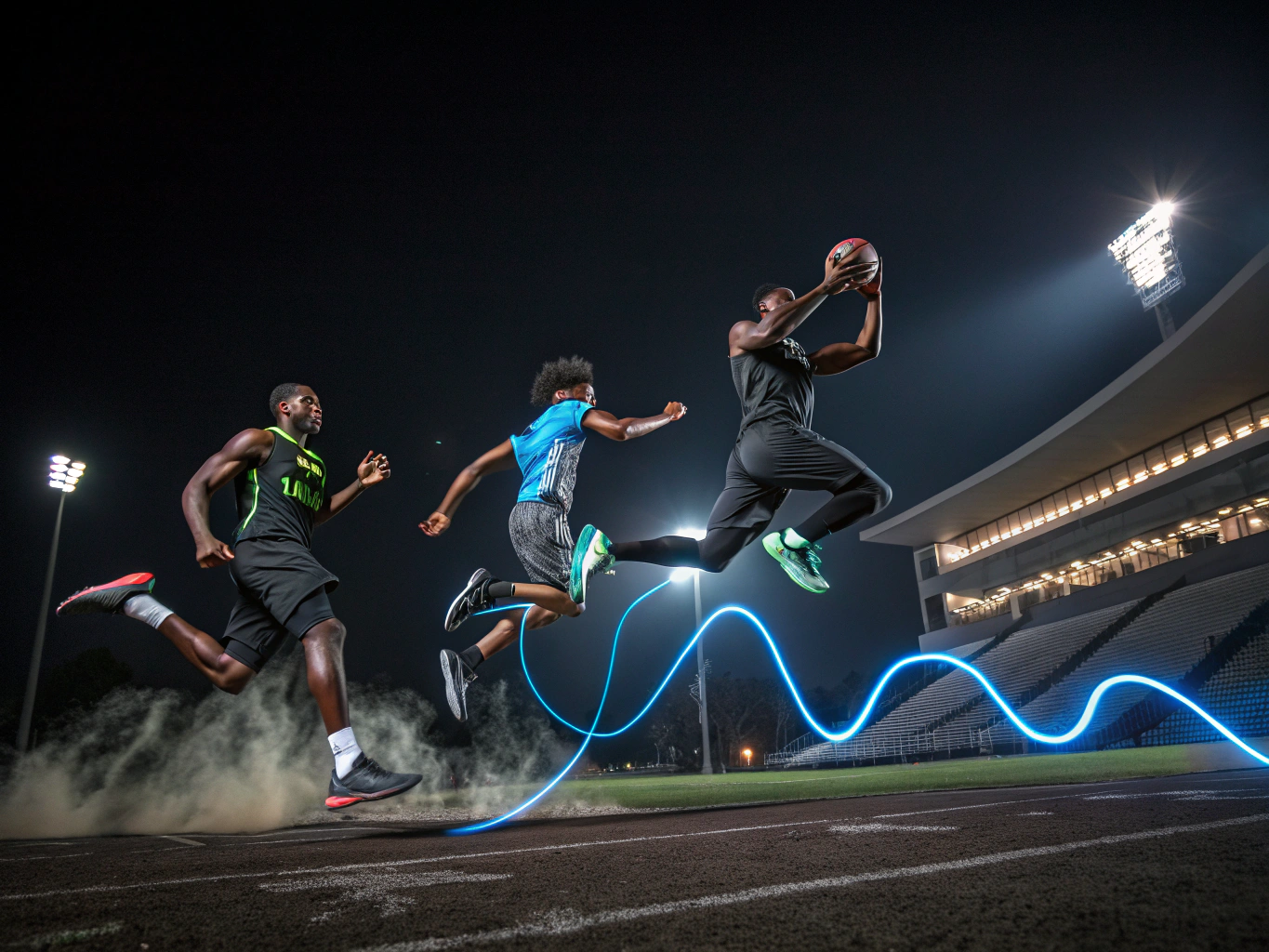Athletes competing under stadium lights in dark grey gear